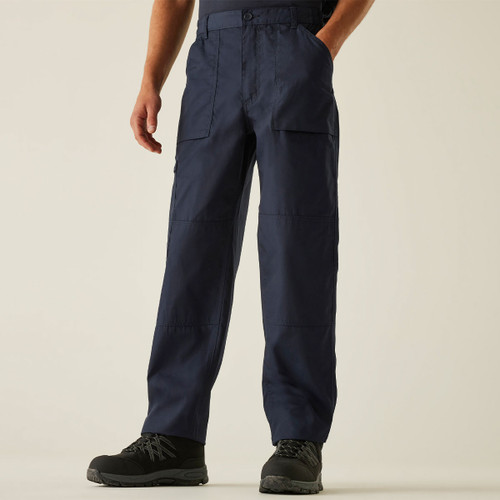 Navy cargo work trousers front view, durable multi-pocket utility pants for industrial and trade workwear