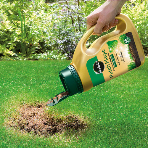 A hand pours grass seed from a yellow Patch Magic container onto a bare patch in a green lawn, with lush foliage in the background.