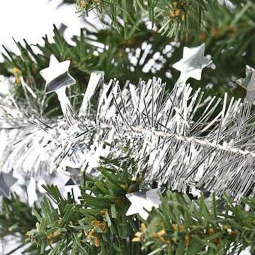 Silver tinsel, with foil stars, draped on a Christmas Tree.