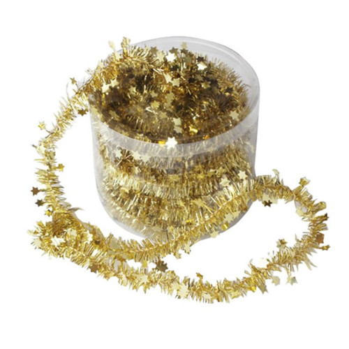 Gold Christmas tinsel garland with metallic foil strands and decorative gold star accents, ideal for wrapping around Christmas trees, wreaths and festive displays.