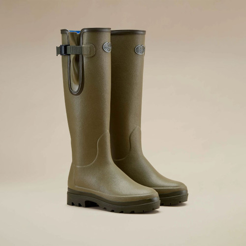 Le Chameau women’s Vierzonord olive green wellington boots with adjustable calf gussets and rugged treaded soles.