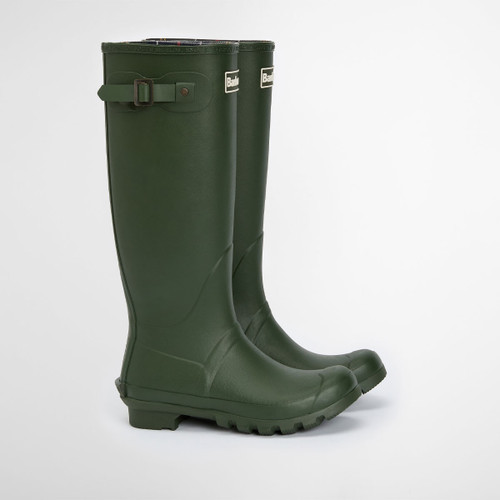 Green Barbour knee-high rubber wellington boots with adjustable side buckle, shown from a three-quarter side angle on a white background.