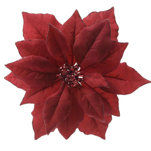 A red Poinsettia decoration with a sparkling, beaded centre.