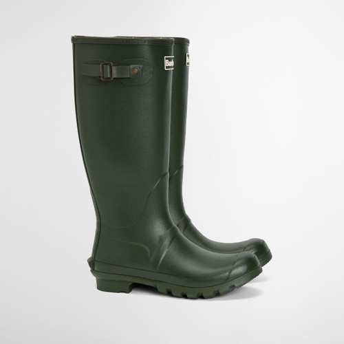 Green Barbour tall wellington boots with adjustable side buckle and chunky rubber sole, shown in side profile on a white background.