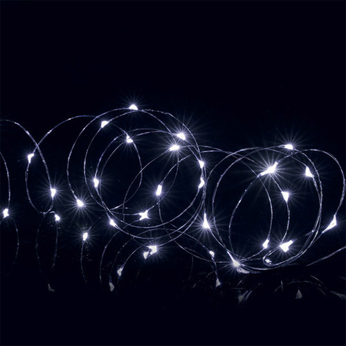 The Premier 50 Multi-Action Pin Wire LED Battery Lights White - 2.5m lit up on a black background