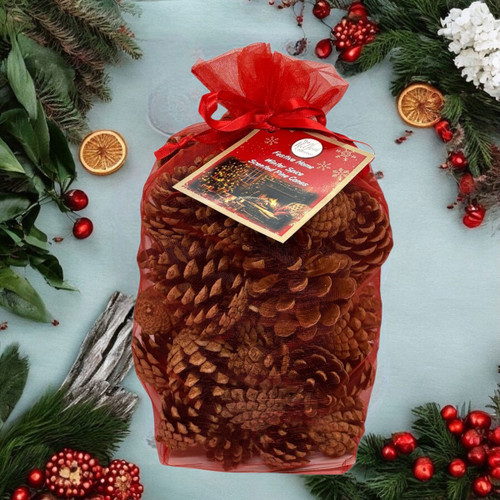 Bag of scented pine cones with festive red organza gift packaging, displayed among Christmas greenery, berries and seasonal decorations for home fragrance and décor.