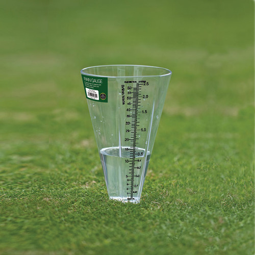 Garland rain gauge with a clear graduated measuring cup positioned on a lawn, designed for monitoring rainfall levels in the garden.