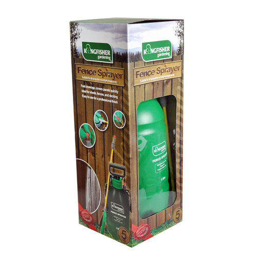 Kingfisher 5 litre fence pressure sprayer in retail packaging, designed for applying fence treatments and outdoor coatings.