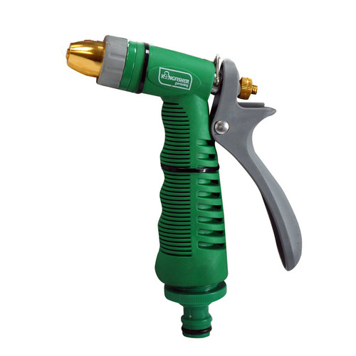 Kingfisher Heavy Duty Traditional Spray Gun with ergonomic green handle, metal trigger and adjustable brass nozzle for garden watering.