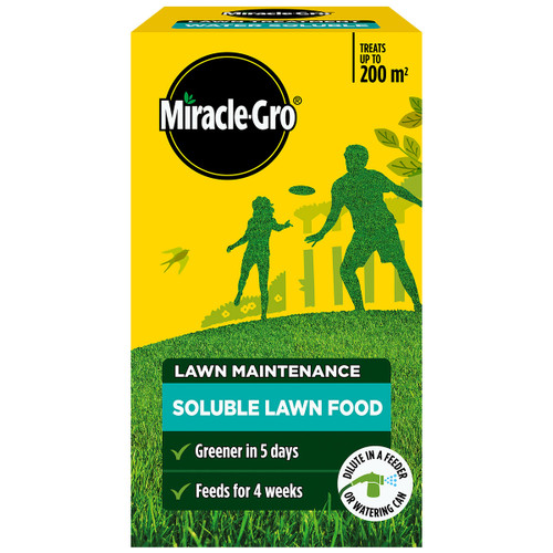 Miracle-Gro Soluble Lawn Food package shows silhouettes of a child and adult playing with a frisbee on grass. Text highlights lawn maintenance benefits.