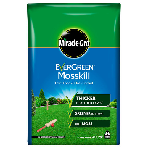 Miracle-Gro EverGreen Mosskill packaging, featuring green and blue design. Promotes thick, healthy lawn, greener in 7 days, kills moss.