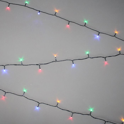 Multicolour LED string lights with green cable displayed in parallel strands against a light grey background, ideal for Christmas trees, festive decorations and indoor or outdoor use.