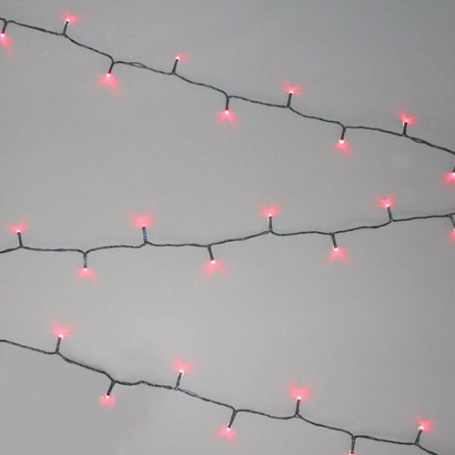 Red LED string lights with green cable displayed in parallel strands against a light grey background, ideal for Christmas trees, festive decorations and indoor or outdoor use.