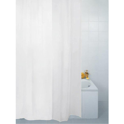 White shower curtain with a simple plain design, shown hanging beside a bath for privacy and bathroom splash protection.