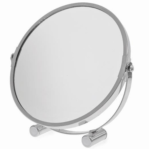 Freestanding round vanity mirror with an adjustable tilting frame and chrome-effect finish, ideal for make-up and grooming.