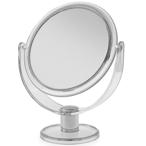 Freestanding round vanity mirror with a clear acrylic frame and adjustable swivel design, ideal for make-up and grooming.