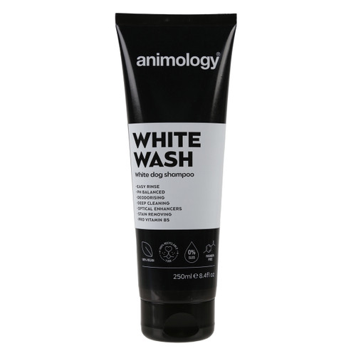 Animology White Wash Shampoo 250ml in a black tube, specially formulated to clean and brighten white and light-coloured dog coats.