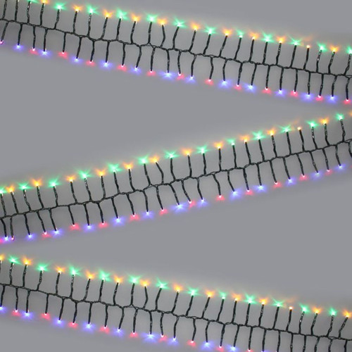 Multi-colour LED cluster Christmas tree lights with green cable, featuring red, blue, green and warm white LEDs arranged along a dense string for indoor and outdoor festive displays.