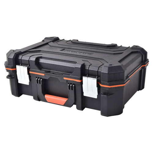 Black hard plastic toolbox with orange accents and silver latches, featuring a sturdy handle. The design conveys durability and functionality.