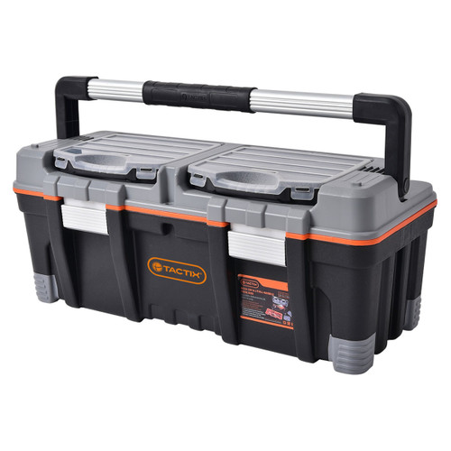 Sturdy black and grey toolbox with a large handle. Features orange accents and transparent lids. Designed for organized, portable tool storage.