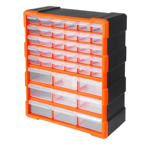 Plastic storage cabinet with 39 clear drawers, framed in orange, ideal for organizing small items. The cabinet has a sleek, functional design.