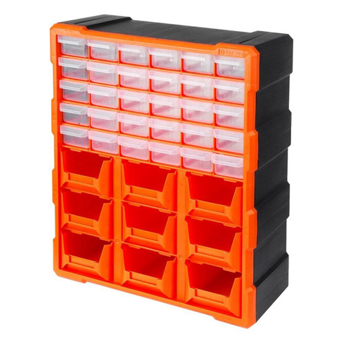 Orange and black storage organizer with 32 small transparent drawers on top and 9 larger open-front compartments below. Clean, efficient design.