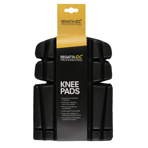 Regatta Professional knee pads in retail packaging, featuring black EVA foam segmented cushioning and visible product text “KNEE PADS” with durability and comfort features listed