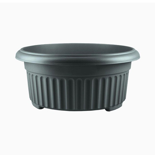 Dark grey round plastic garden planter with a wide rim and decorative ribbed sides, suitable for flowers and plants.