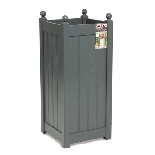Charcoal grey tall wooden planter with panelled sides, ball finial corner posts and chamfered feet, shown on a white background with product tag.