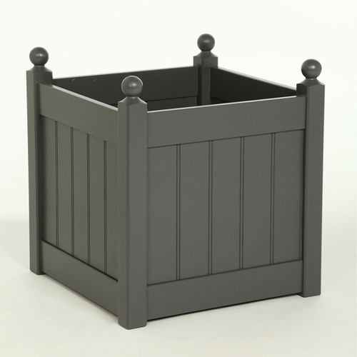 Charcoal grey wooden trough planter, square painted timber box with recessed panel sides and ball finial corner posts on a white background.