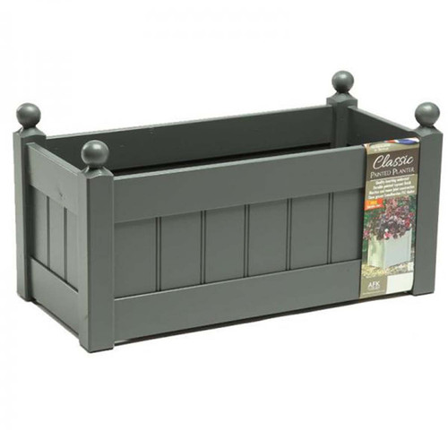 Charcoal grey rectangular wooden trough planter with panelled sides and ball finial corner posts, shown on a white background with product label attached.