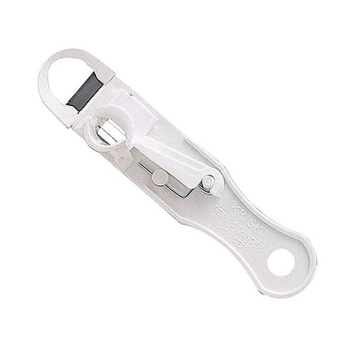 Handheld bean slicer with stainless steel cutting blades and an easy-grip white plastic handle for preparing runner beans.