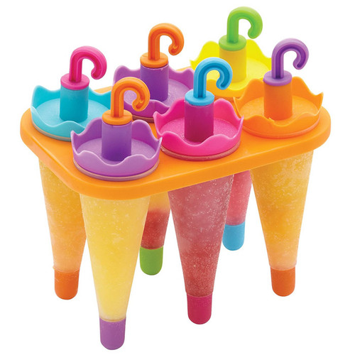 KitchenCraft umbrella ice lolly mould set with six colourful reusable moulds and handles for making homemade frozen treats.