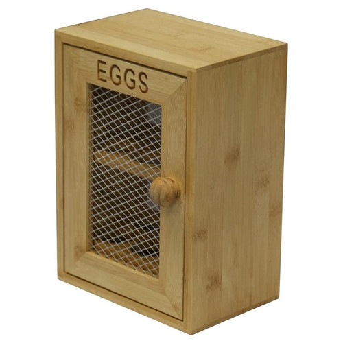 Wooden egg storage cupboard with mesh-fronted door, round wooden handle and ‘EGGS’ lettering for kitchen storage.