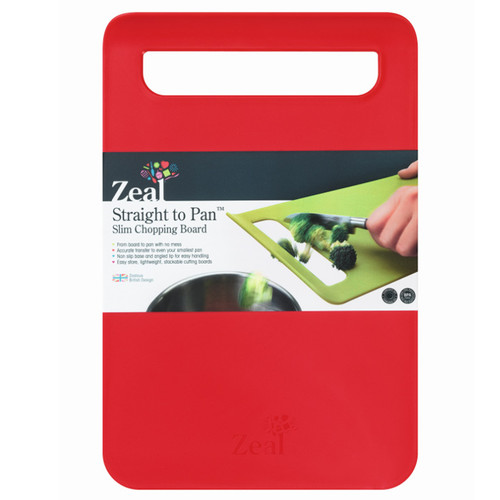 Zeal Straight to Pan medium red slim chopping board with integrated handle, designed for easy food preparation and transfer to pans.