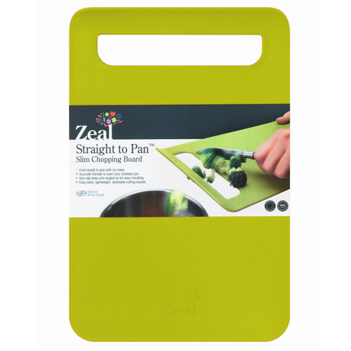 Zeal Straight to Pan medium lime green slim chopping board with integrated handle, designed for easy food preparation and transfer to pans.