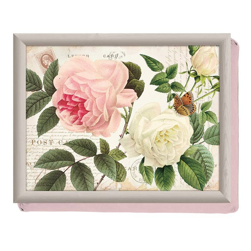 Rose garden cushioned lap tray featuring pink and white roses, green foliage and a bee illustration with a soft pink frame.