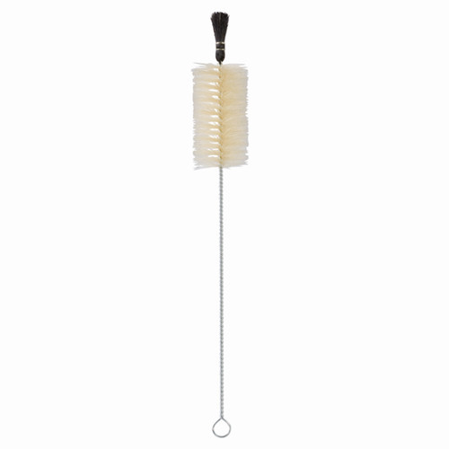 Long-handled bottle cleaning brush with flexible wire stem, looped end and cylindrical bristled head for cleaning bottles and narrow containers.