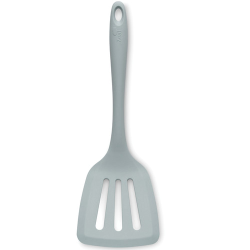 Zeal duck egg blue silicone slotted turner with ergonomic handle and flexible head for lifting, flipping and serving food.
