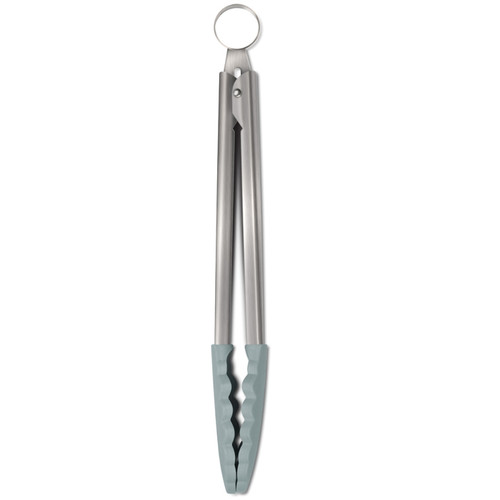 Duck egg blue 20cm silicone food tongs with stainless steel arms, scalloped gripping ends and a hanging loop for easy storage.