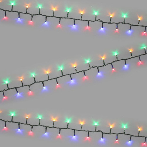 Compact multicolour LED Christmas tree lights displayed in parallel strands, featuring red, green, blue and amber bulbs on a green cable for festive indoor and outdoor decoration.