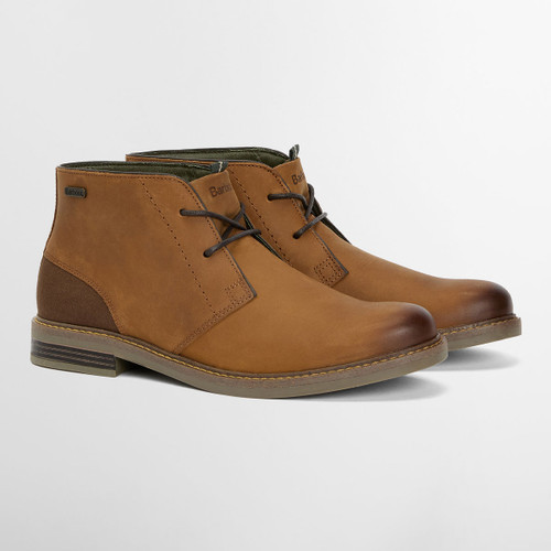 Barbour Readhead tan leather chukka boots with contrast heel panel and low stacked sole, photographed at a three-quarter angle.
