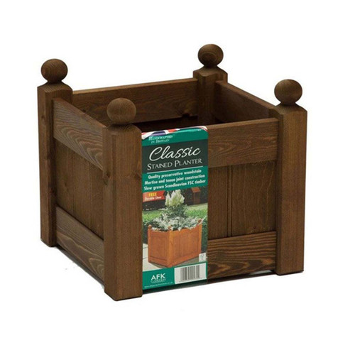 Stained wooden square planter with recessed panel sides and ball finial corner posts, shown on a white background with Classic product label.