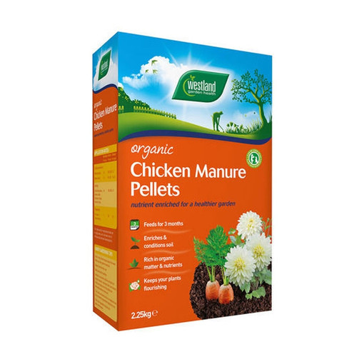 Westland Organic Chicken Manure Pellets 2.25kg box, a natural garden fertiliser for feeding flowers, vegetables, trees and shrubs.