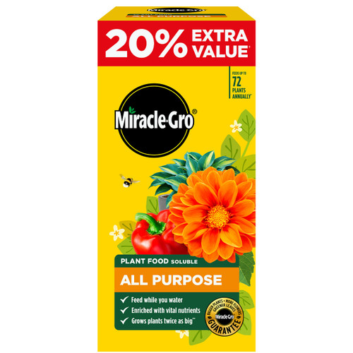 Bright yellow Miracle-Gro box with "20% Extra Value" in red. Features an orange flower, green leaves, and a red pepper. Text highlights benefits and guarantees.