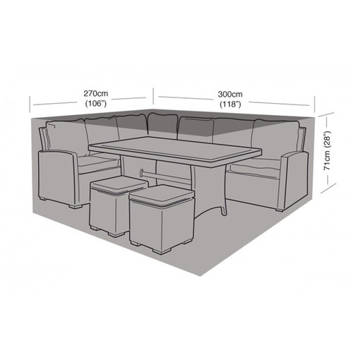Diagram showing the dimensions of a large garden furniture cover measuring 300cm by 270cm and 90cm high, designed to fit a corner sofa dining set with table and stools.