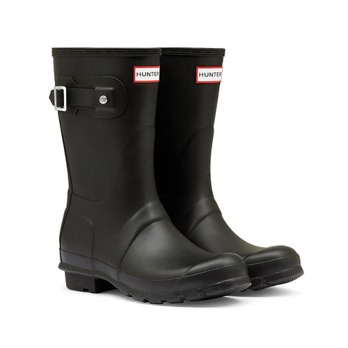 A side view of a pair of short black Hunter wellington boot.