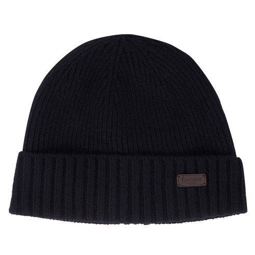 Black Barbour ribbed knitted beanie hat with folded cuff and metal Barbour England logo badge.