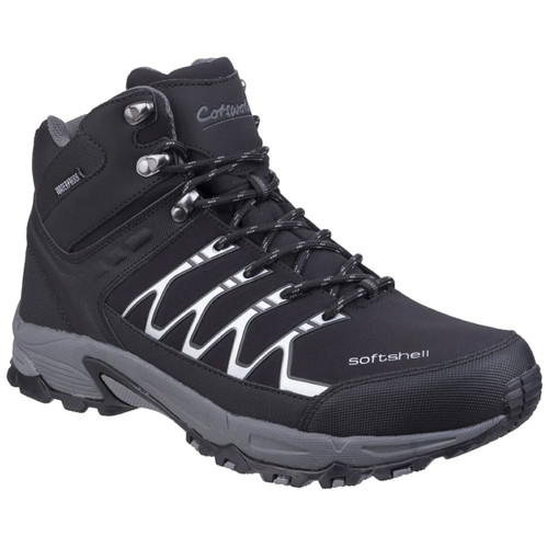 Black hiking boot with a rugged sole, silver eyelets, and geometric white accents. The boot has a high ankle for support, conveying durability and purpose.