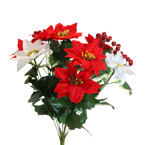 Artificial Christmas poinsettia bouquet with red and white flowers, glossy berry clusters and realistic green foliage, ideal for festive floral displays.